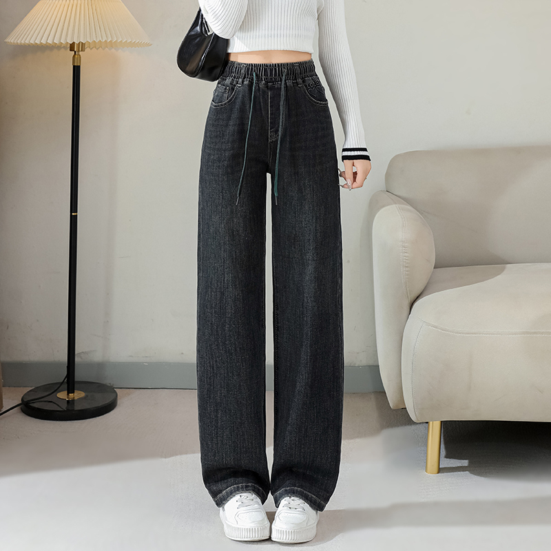Straight-leg jeans for women, elastic high-waisted, loose, slimming and drapey, narrow wide-leg pants