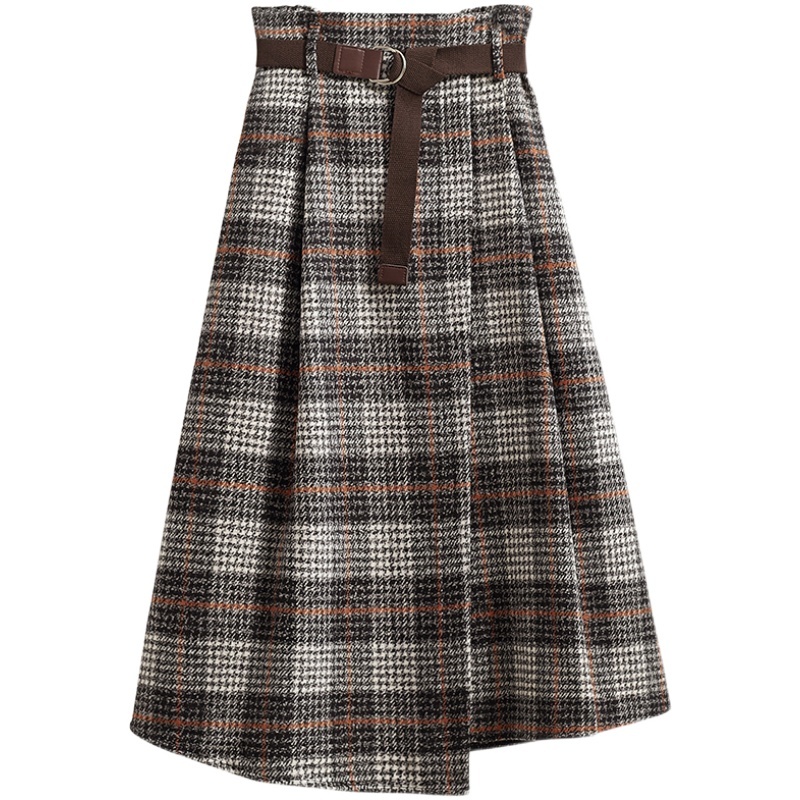 Plus size women's autumn and winter new slimming plaid woolen skirt fat girl's crotch and thigh thick A-line umbrella skirt