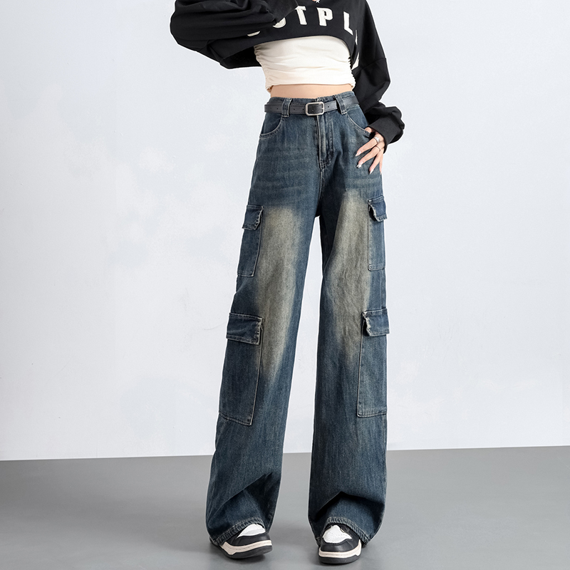 Small American style work jeans for women, loose design, straight wide legs, multi-pocket trousers