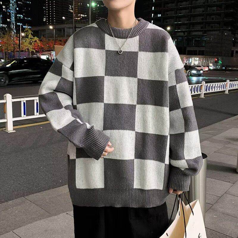 Black and white plaid round neck sweater for men ins autumn and winter trendy Hong Kong style loose sweater versatile couple knitted sweater