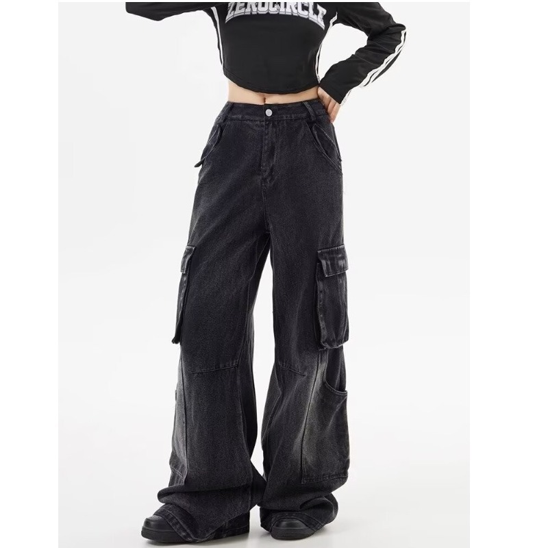 American high street loose straight denim overalls for men and women in spring and autumn washed distressed wide-leg pants