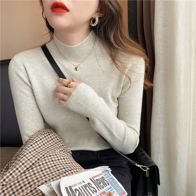 Women's knitted sweater half turtleneck bottoming shirt with autumn and winter style sweater new black early autumn top