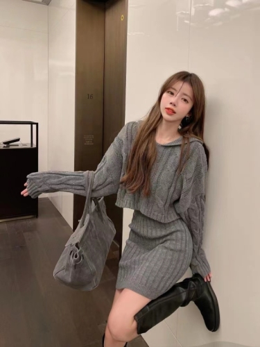 Sweet and spicy street fashion suit women's autumn and winter new hooded knitted sweater skirt two-piece set
