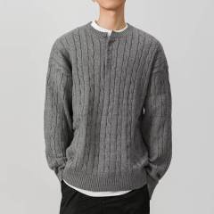 Pullover sweater jacket men's heavy-duty knitted twist henley collar Korean style sweater