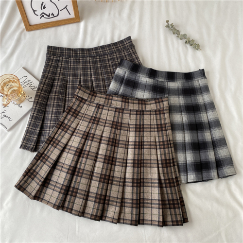 Korean style chic plaid high-waisted thickened nylon pleated skirt students' age-reducing slimming skirt for women