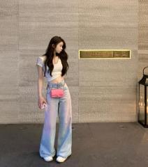 Designed pink gradient denim wide-leg low-waist slim straight pants