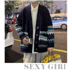 Men's clothing Japanese retro splicing rhombus V-neck cardigan sweater loose and handsome trendy
