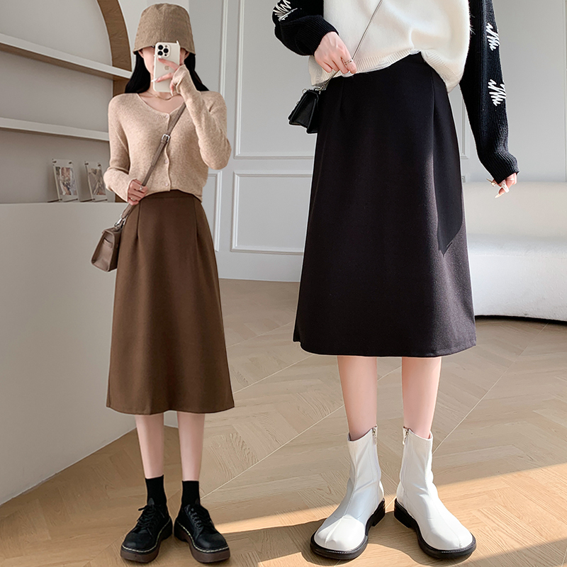 Woolen skirt women's autumn and winter new style slit mid-length A-line skirt elegant slimming elastic waist bag hip skirt