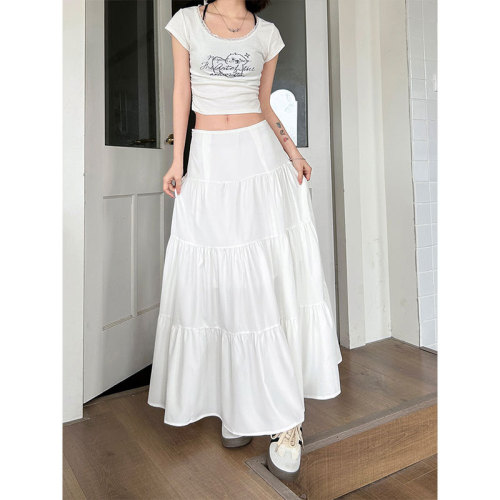 Gentle style white skirt women's new summer high waist slim design niche large swing umbrella skirt