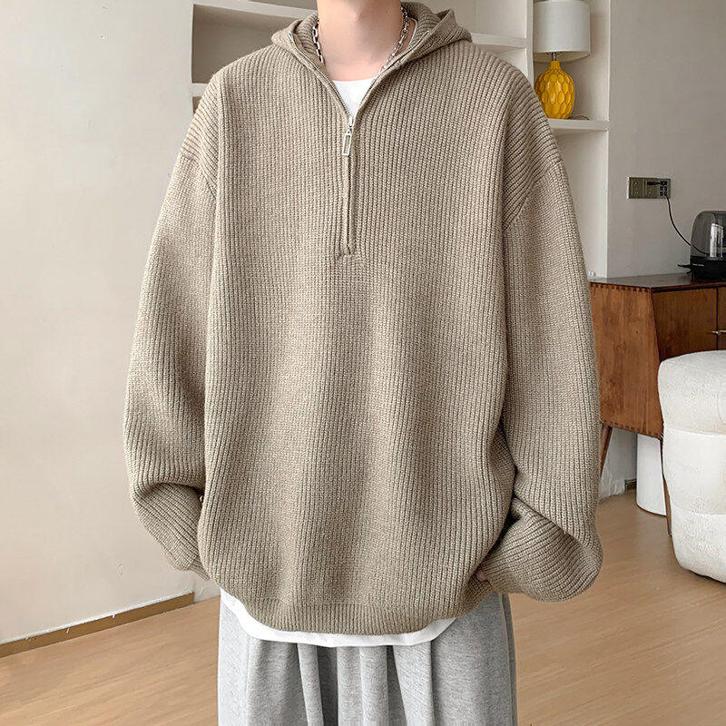 American autumn and winter half-zip hooded sweater, lazy and loose, trendy knitted sweater for men and women