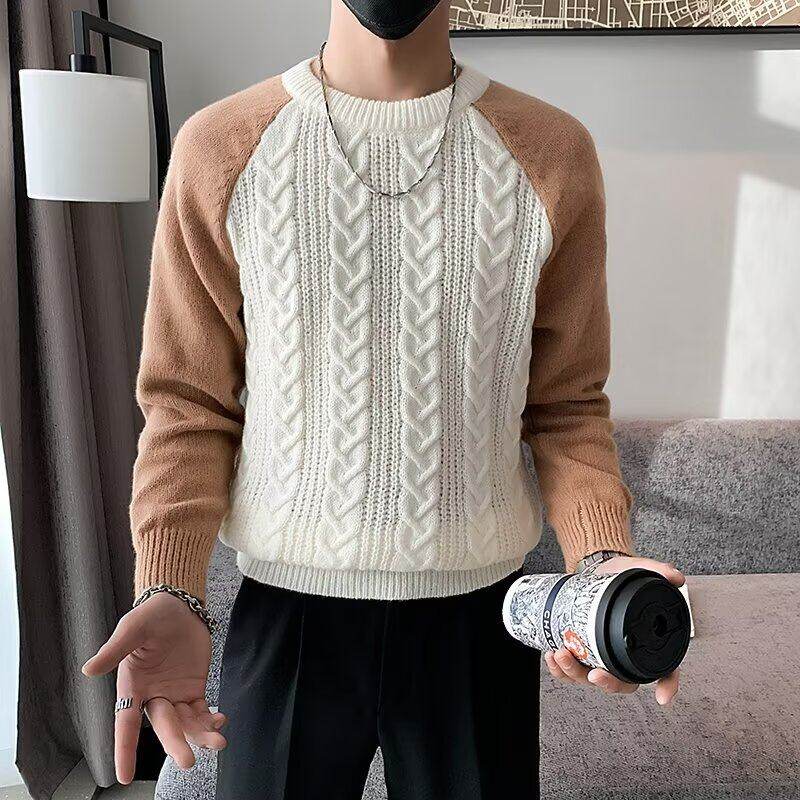Round neck pullover thick interlaced hemp pattern casual trendy men's sweater Korean style splicing versatile thick thread sweater