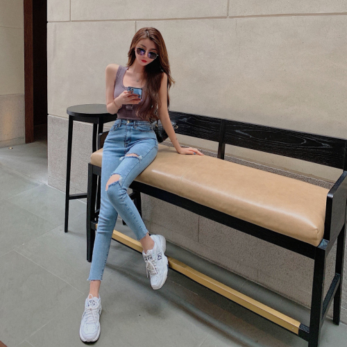 Korean style retro high-waisted elastic pencil pants for women, versatile ins personality ripped jeans