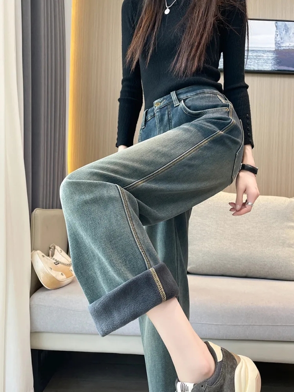 Nostalgic Blue Narrow Denim Wide Leg Pants Women's Autumn and Winter New High Waisted Loose Slimming Velvet Thickened Retro Straight Pants