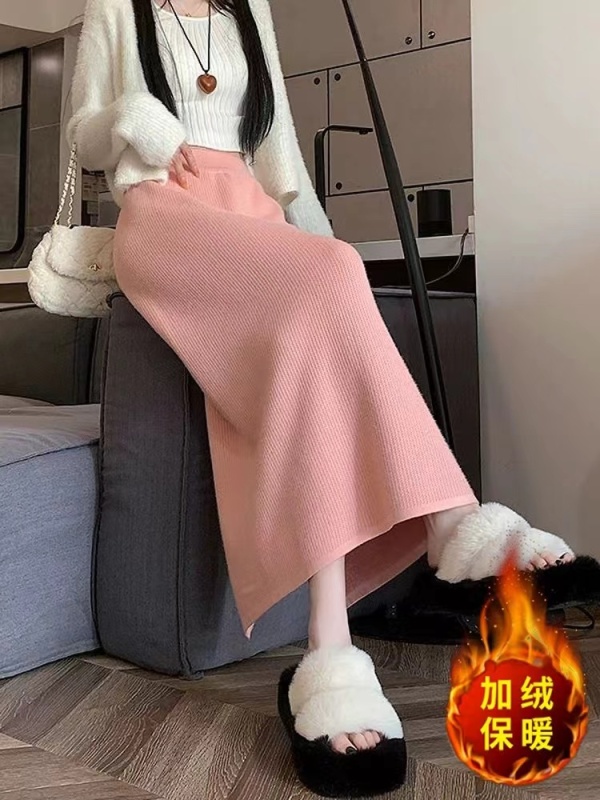 New velvet knitted skirt for women summer new high-waist slim straight slit A-line hip-hugging long skirt