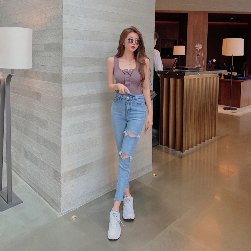 Korean style retro high-waisted elastic pencil pants for women, versatile ins personality ripped jeans
