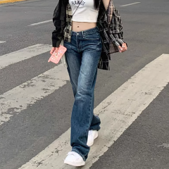 American Hot Girl Low Waist Jeans Women's Retro Washed Distressed Loose Straight Floor-Mopping Trousers