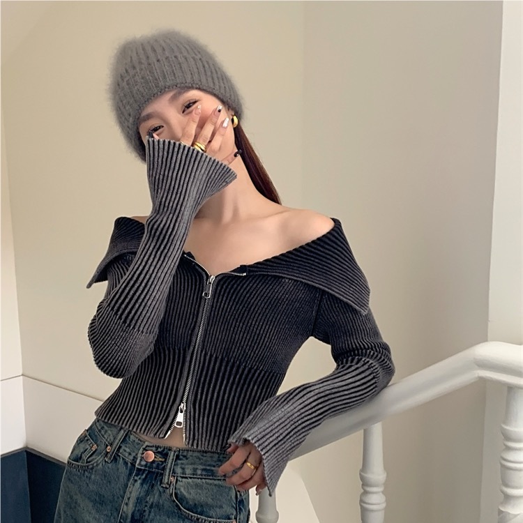 Autumn new Korean style hot girl lapel design wool sweater hot girl style off-shoulder slim zipper top