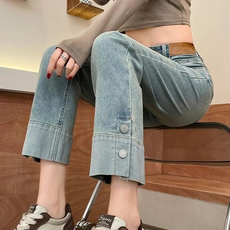 Slim-fit stretch cigarette pants jeans for women new button small cuff baguette straight pants