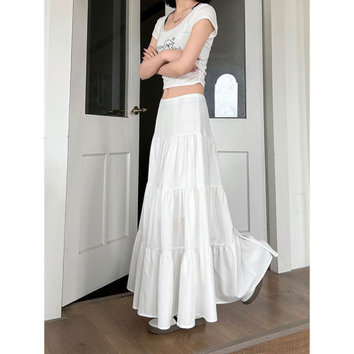 Gentle style white skirt women's new summer high waist slim design niche large swing umbrella skirt