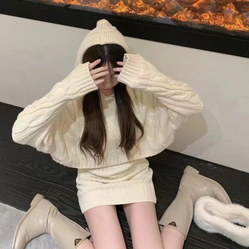 Sweet and spicy street fashion suit women's autumn and winter new hooded knitted sweater skirt two-piece set