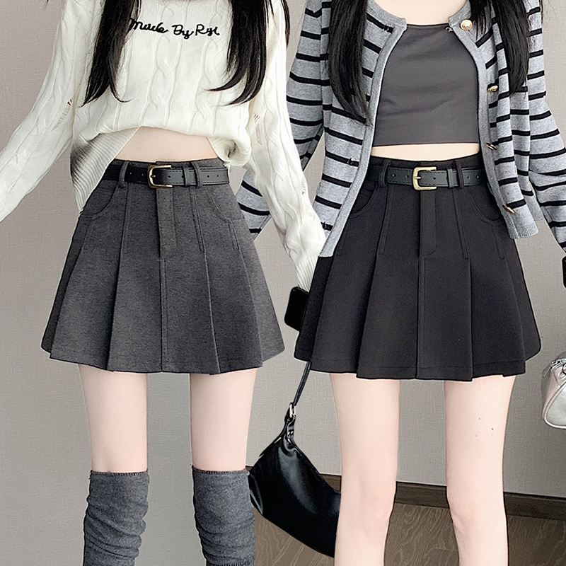 Gray anti-exposure woolen skirt for women, autumn and winter pants, slim pleated skirt, high waist skirt, versatile A-line skirt