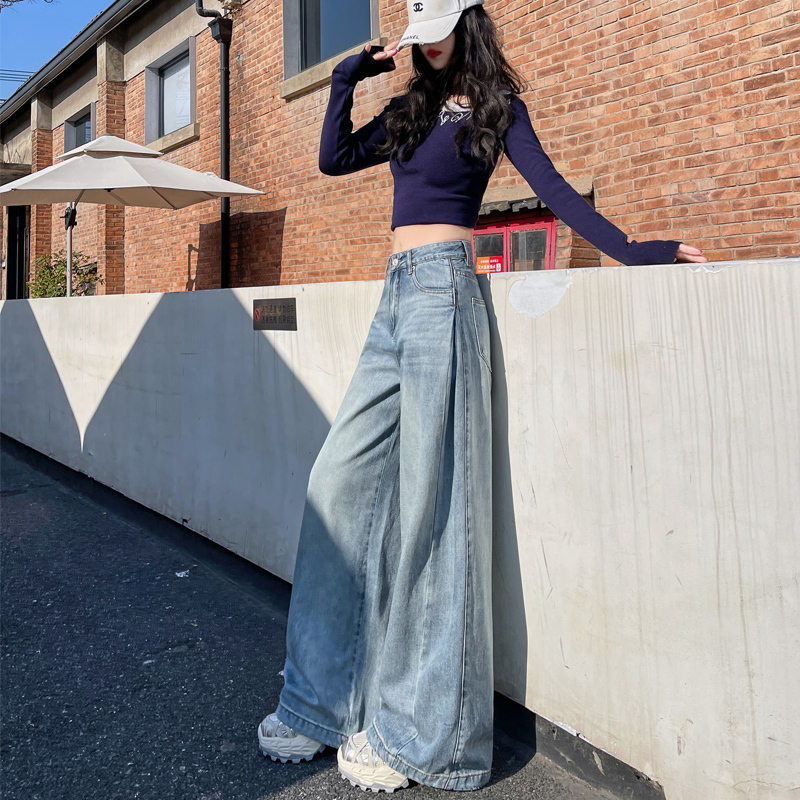 High-waisted loose washed jeans for women, slim and drapey straight pants, floor-length pants, wide-leg pants, long pants