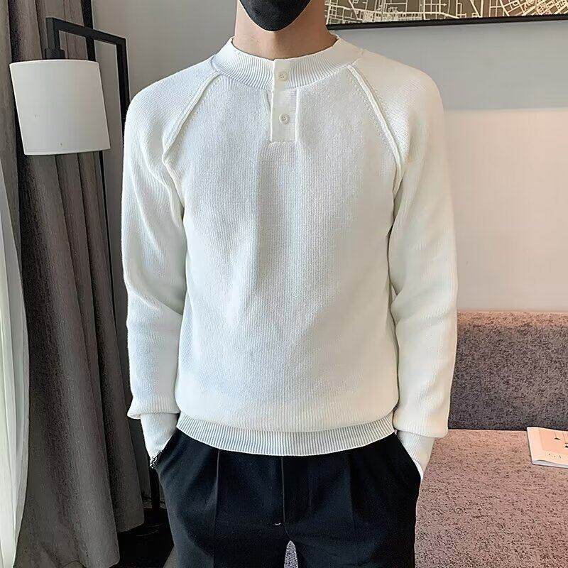 Autumn and winter solid color casual thick sweater men's pullover jacquard thin strip Henry collar bottoming sweater
