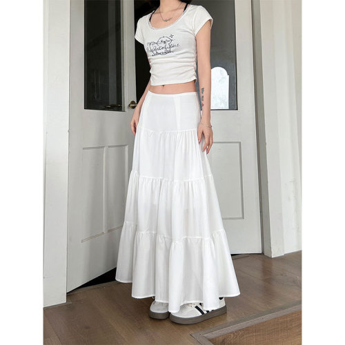 Gentle style white skirt women's new summer high waist slim design niche large swing umbrella skirt
