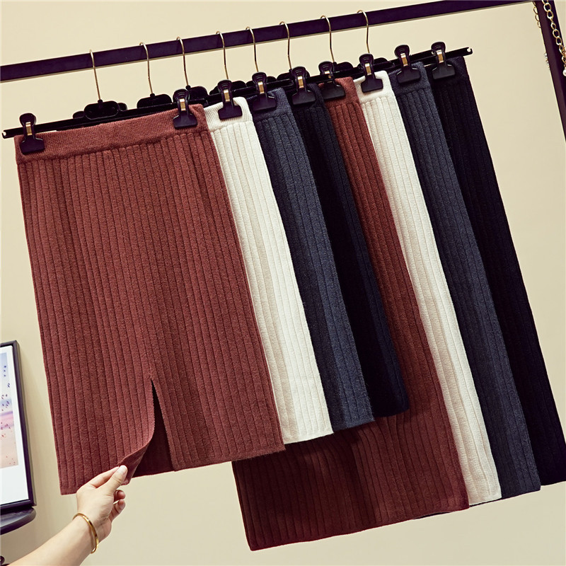Mid-length knitted skirt, hip-covering one-step skirt, women's autumn and winter new thickened slit woolen skirt