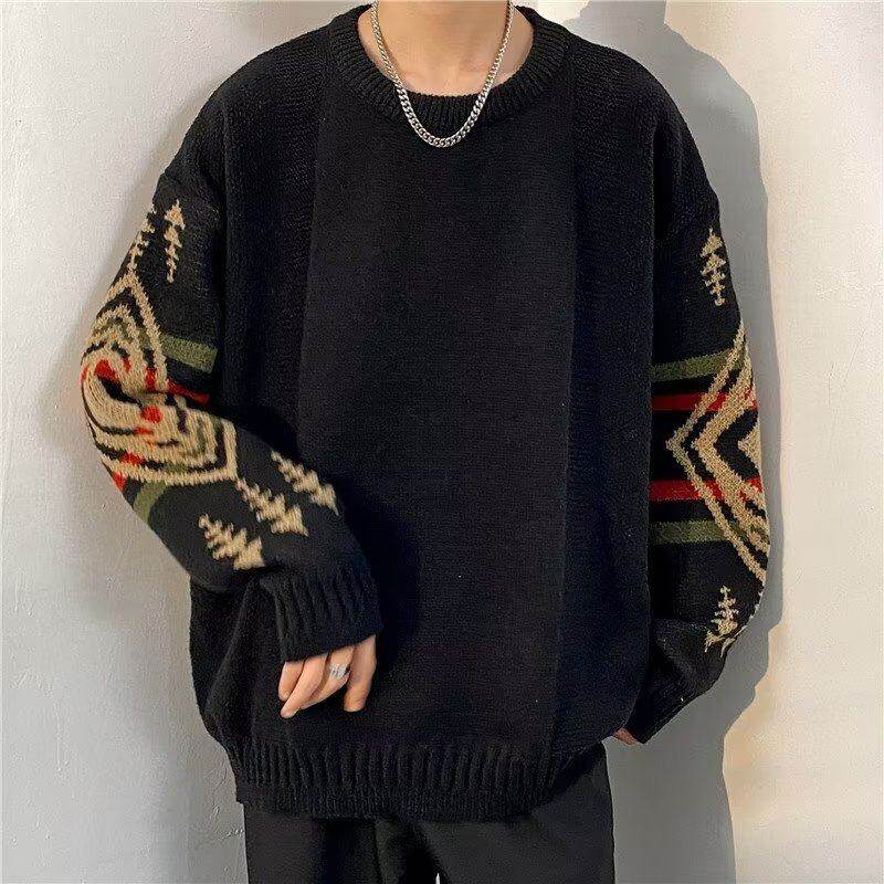 Autumn and winter retro ethnic style sweater men's ins American style lazy knitted sweater personalized base layer