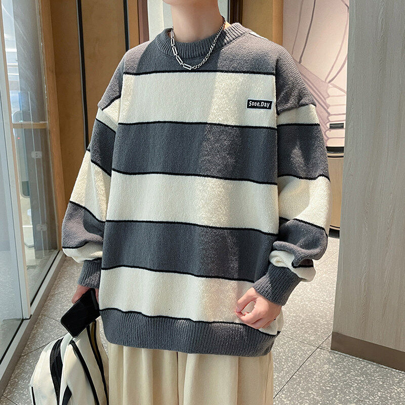 Hong Kong style lazy trendy brand sweater autumn youth jacquard round neck sweater for men
