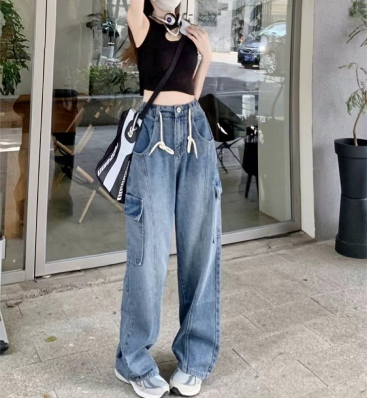 American Retro Jeans Women's Pocket Elastic Waist Design Niche Wide Leg Pants