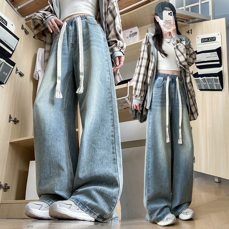 Denim trousers, loose and tight, high-waisted, straight-legged, wide-leg trousers, floor-length slimming trousers, plus size
