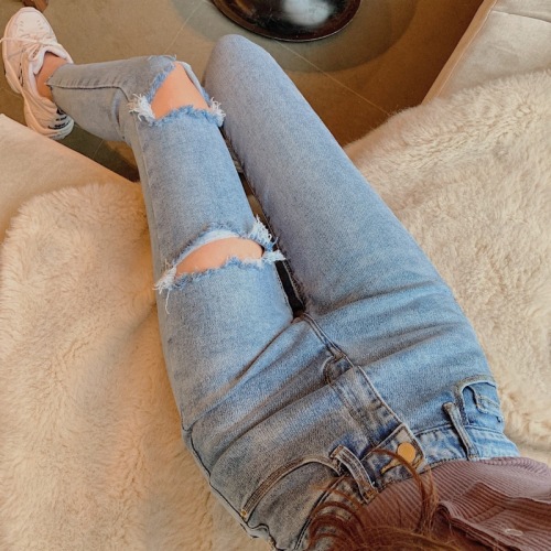Korean style retro high-waisted elastic pencil pants for women, versatile ins personality ripped jeans