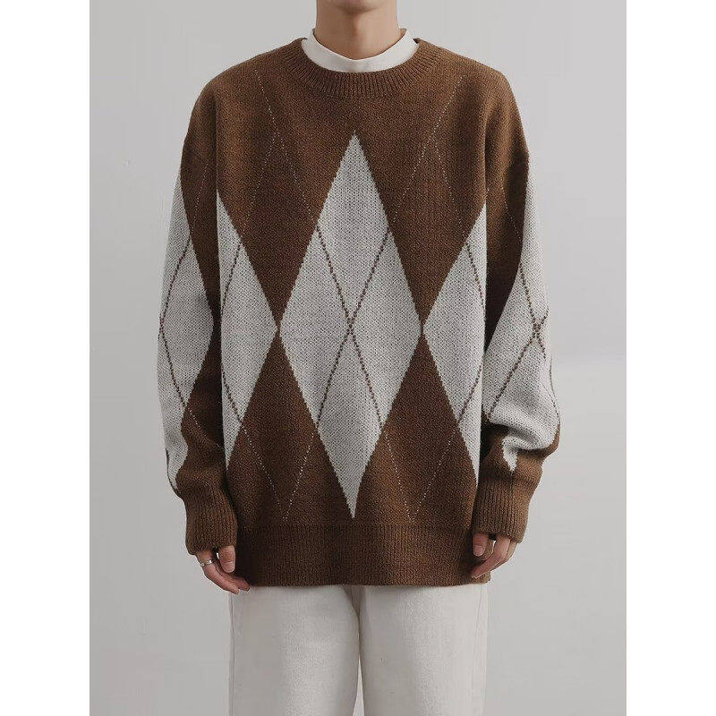 Korean style Harajuku student rhombus long-sleeved sweater round neck pullover sweater for men