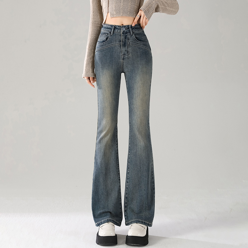 Retro bootcut jeans for women, new autumn and winter plus velvet, stretchy little ones, low-waisted flared pants