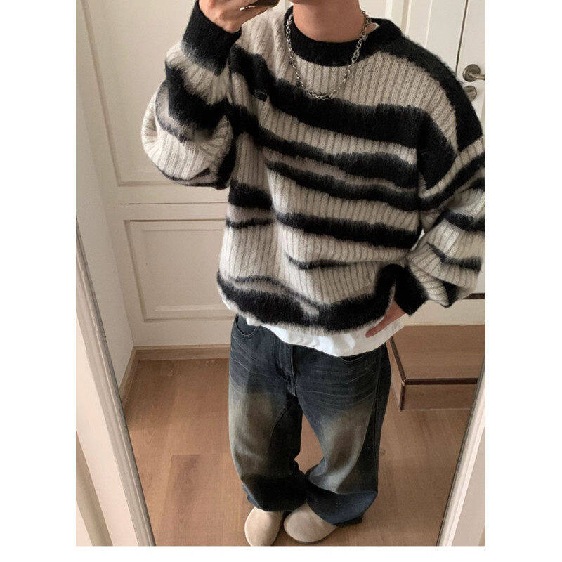 American retro black and white striped sweater men's trendy mohair sweater autumn and winter high street jacket