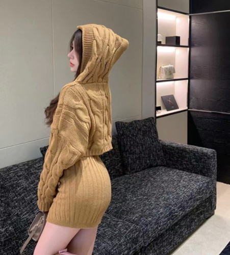 Sweet and spicy street fashion suit women's autumn and winter new hooded knitted sweater skirt two-piece set
