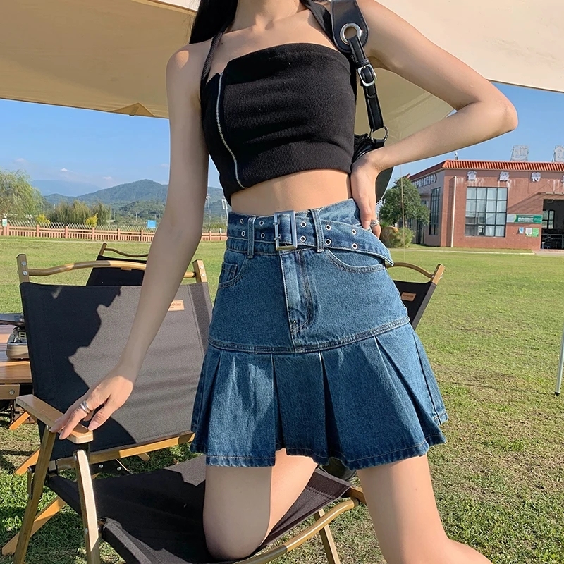 Lined pleated denim skirt for women summer new style retro niche pure desire A-line high waist ruffled short skirt