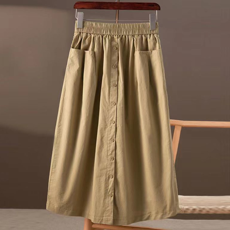 Korean style pure cotton literary casual elastic waist A-line skirt for women slimming temperament fashion stitching single-breasted skirt for women