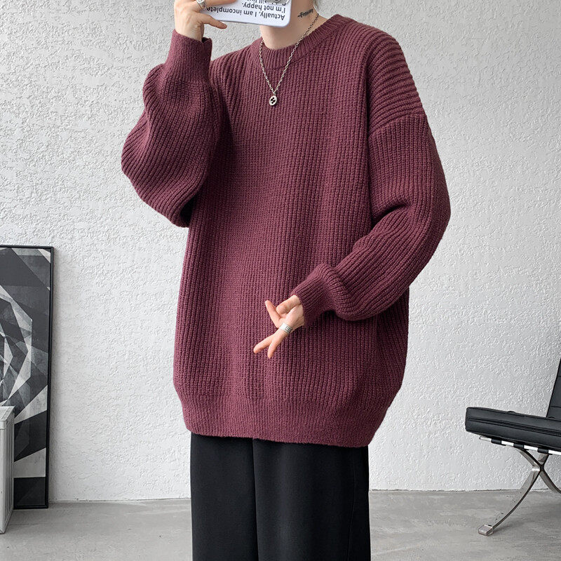 Solid color crew neck sweater autumn and winter loose pullover sweater lazy style sweater
