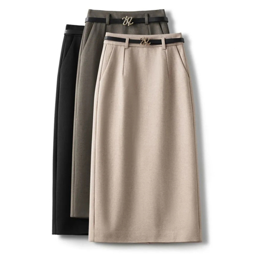 Quality Inspection Officer Picture Woolen Skirt Women's Autumn and Winter High Waist Cover Hip One-Step Skirt Pocket Slit Woolen A-Line Mid-Length Skirt