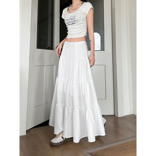 Gentle style white skirt women's new summer high waist slim design niche large swing umbrella skirt