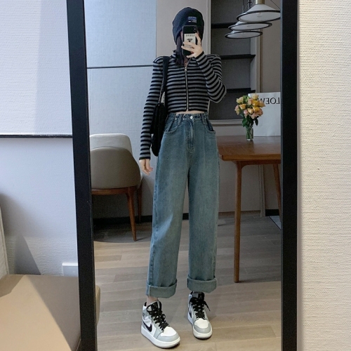High-waisted jeans for women, straight-leg, loose, large size, fat mm, slimming, wide-leg design pants