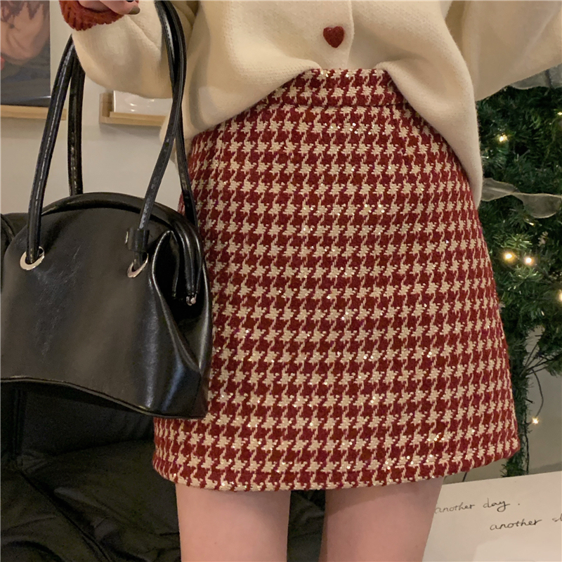 New autumn and winter micro-glittered high-waist slimming houndstooth woolen skirt A-line skirt