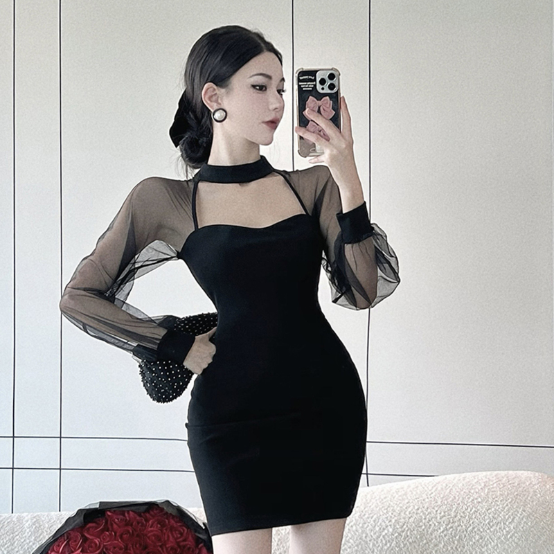 Solid color autumn new sexy mesh splicing dress women's waist slimming temperament hip-hugging skirt