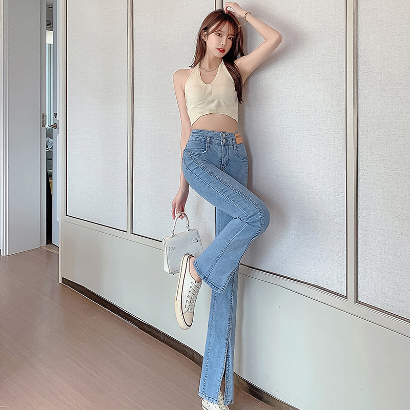 Slit jeans for women, high-waisted, slimming, wide-legged, micro-flared, floor-length mopping pants, trendy ins