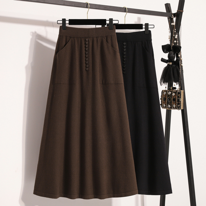 Plus size women's autumn and winter Korean style fashionable and versatile high-waisted slim-fitting large swing knitted skirt for fat mm