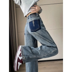 Jeans women's wide-leg pants spliced ​​with contrasting straight-leg pants retro nostalgic floor-length pants extended version drape floor-length pants