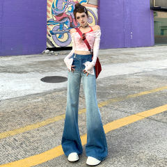 Pear-shaped figure gradient straight jeans for women in autumn and winter new style color-blocked high-waisted crotch-covering floor-length wide-leg pants